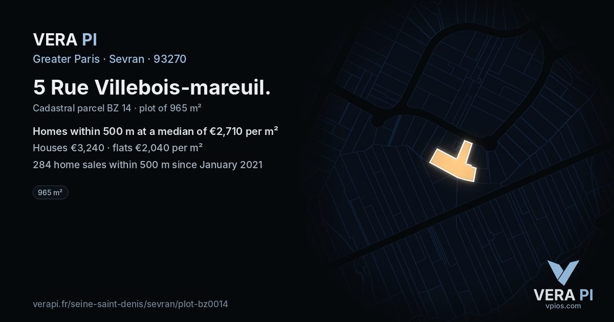 5 Rue Villebois-mareuil, Sevran at night – the plot lit, the parcels around coloured by the prices near them