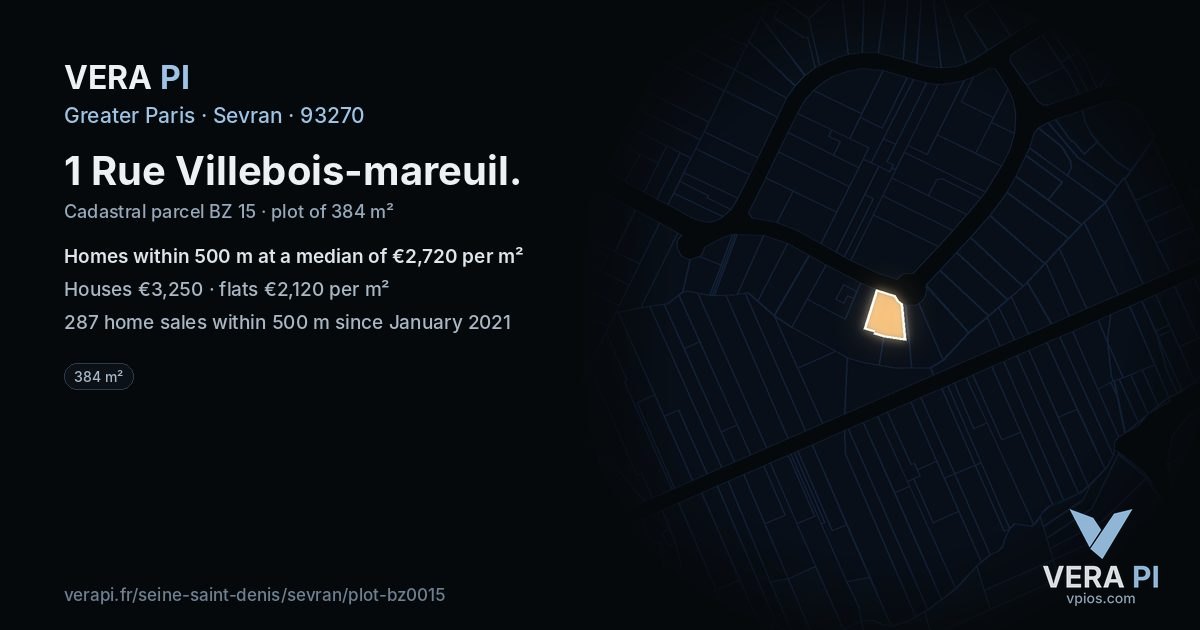 1 Rue Villebois-mareuil, Sevran at night – the plot lit, the parcels around coloured by the prices near them