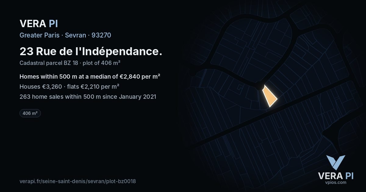 23 Rue de l'Indépendance, Sevran at night – the plot lit, the parcels around coloured by the prices near them