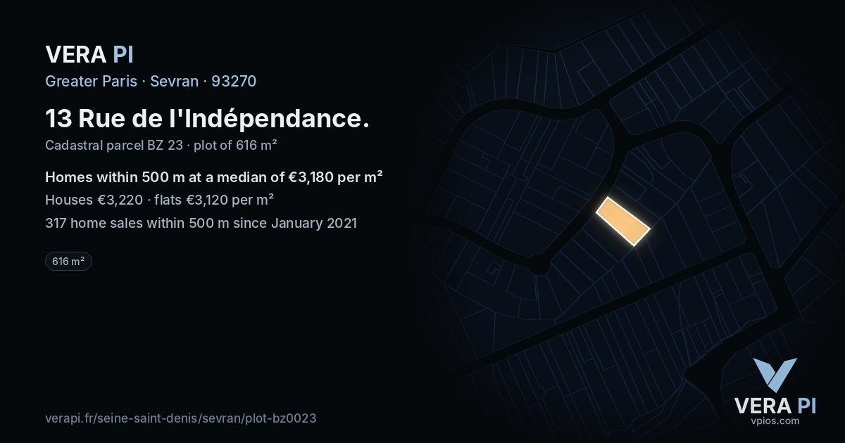 13 Rue de l'Indépendance, Sevran at night – the plot lit, the parcels around coloured by the prices near them