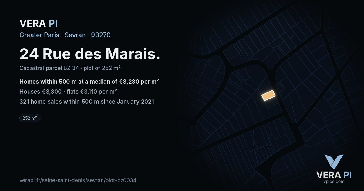 24 Rue des Marais, Sevran at night – the plot lit, the parcels around coloured by the prices near them