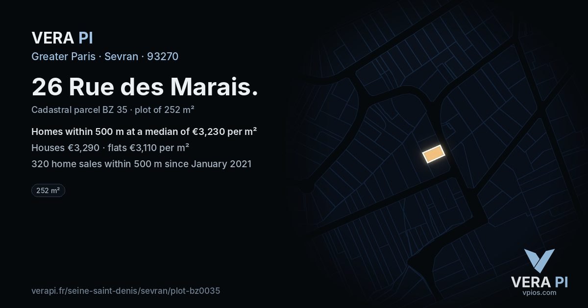 26 Rue des Marais, Sevran at night – the plot lit, the parcels around coloured by the prices near them