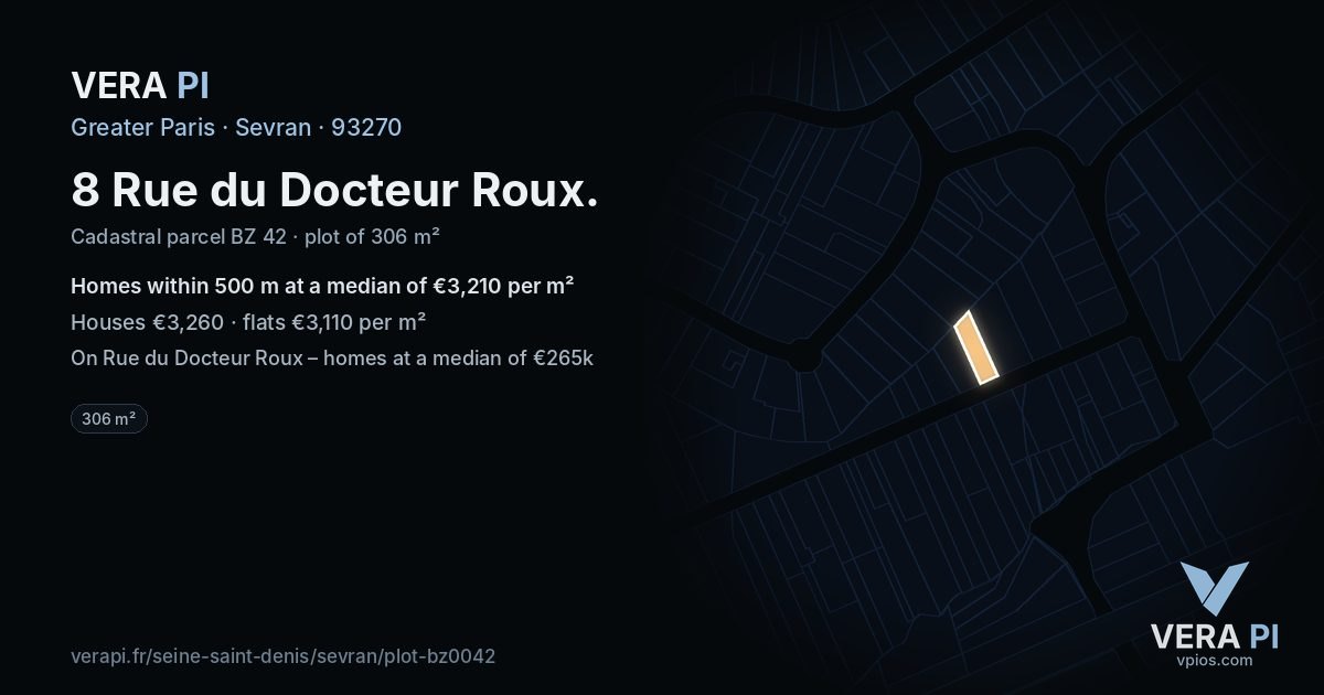 8 Rue du Docteur Roux, Sevran at night – the plot lit, the parcels around coloured by the prices near them