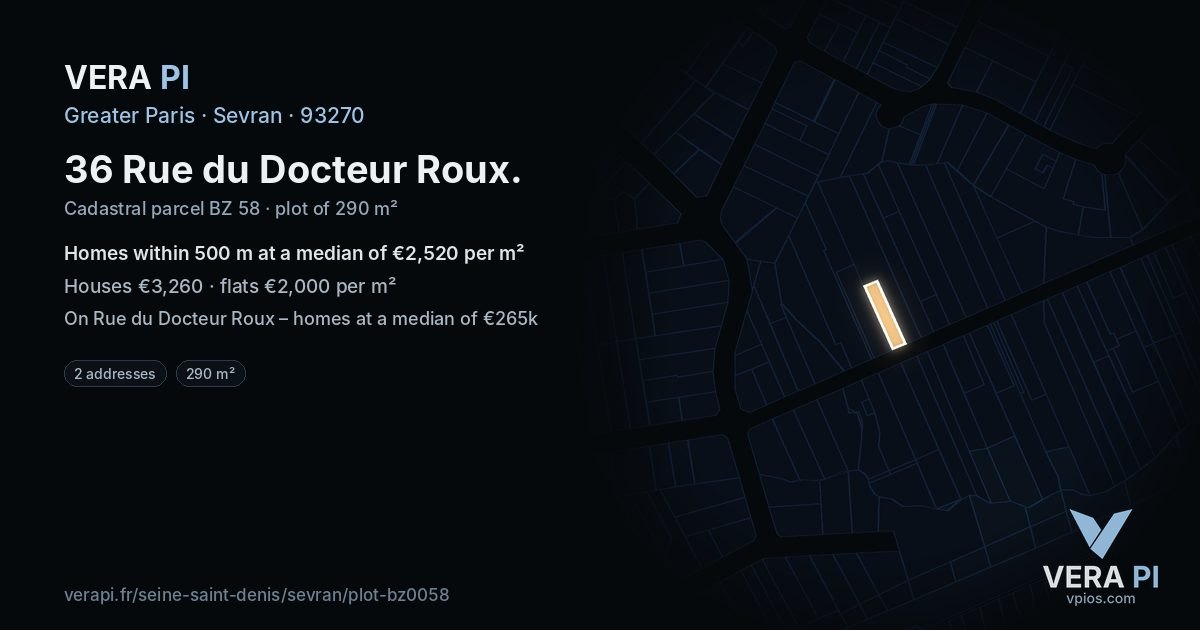 36 Rue du Docteur Roux, Sevran at night – the plot lit, the parcels around coloured by the prices near them