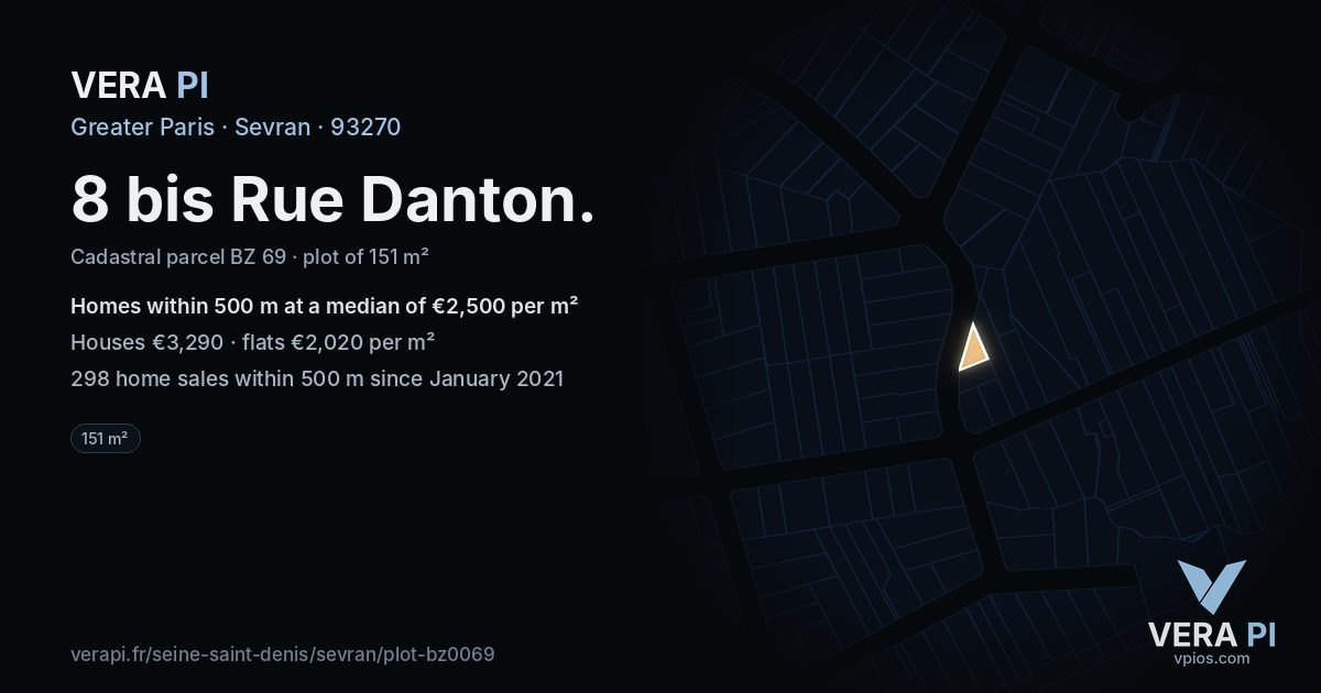 8 bis Rue Danton, Sevran at night – the plot lit, the parcels around coloured by the prices near them