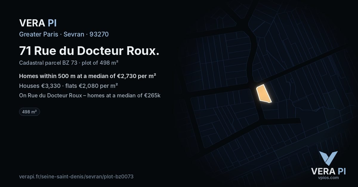71 Rue du Docteur Roux, Sevran at night – the plot lit, the parcels around coloured by the prices near them