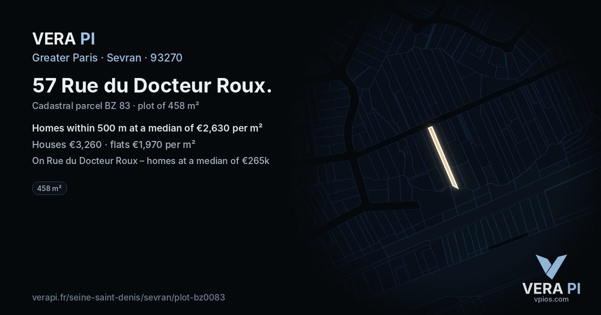 57 Rue du Docteur Roux, Sevran at night – the plot lit, the parcels around coloured by the prices near them