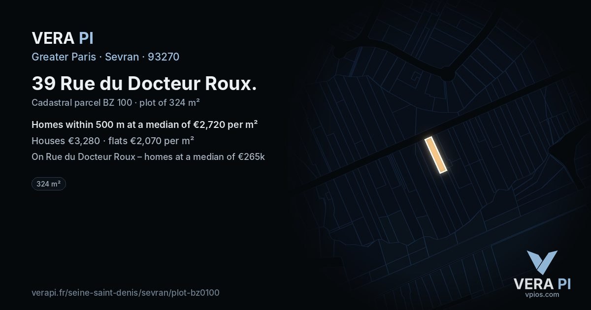 39 Rue du Docteur Roux, Sevran at night – the plot lit, the parcels around coloured by the prices near them