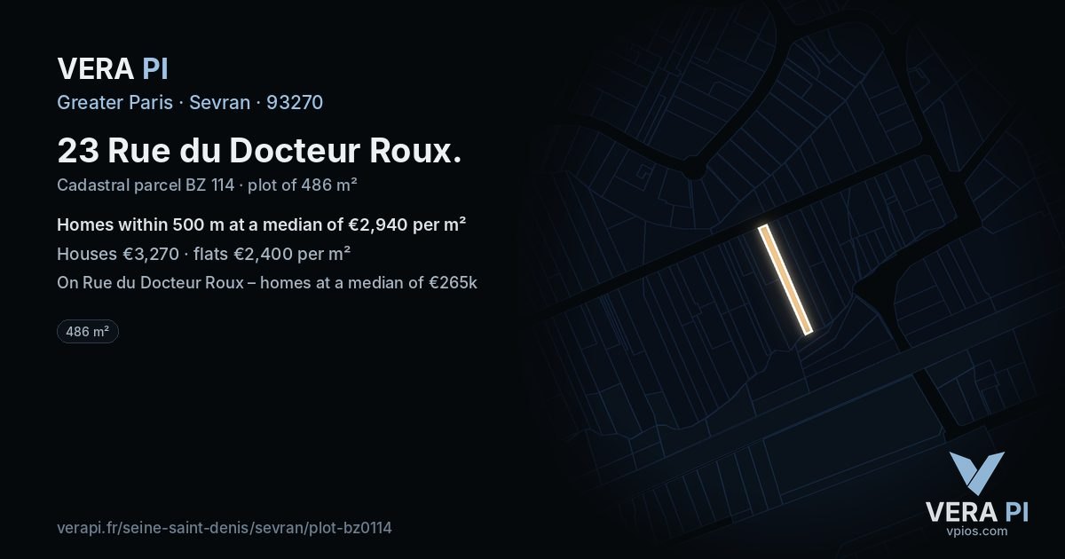 23 Rue du Docteur Roux, Sevran at night – the plot lit, the parcels around coloured by the prices near them