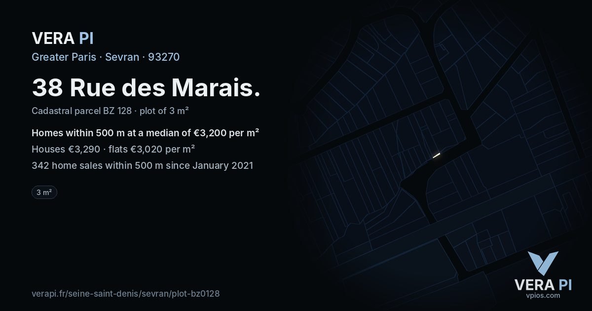 38 Rue des Marais, Sevran at night – the plot lit, the parcels around coloured by the prices near them