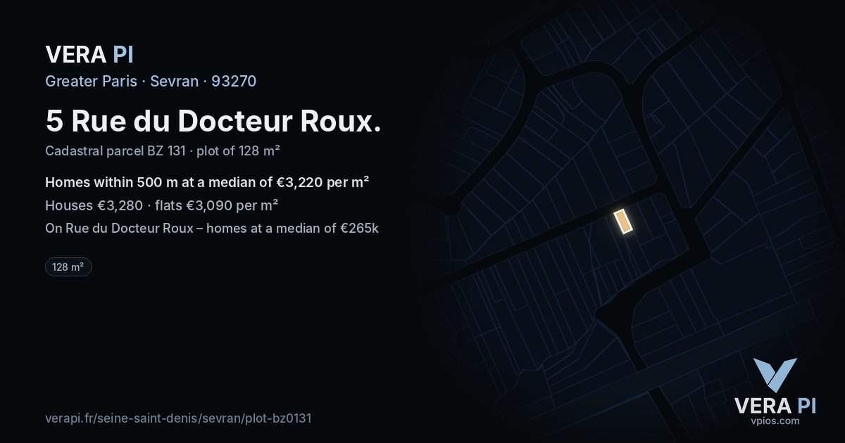 5 Rue du Docteur Roux, Sevran at night – the plot lit, the parcels around coloured by the prices near them