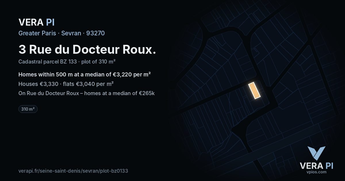 3 Rue du Docteur Roux, Sevran at night – the plot lit, the parcels around coloured by the prices near them