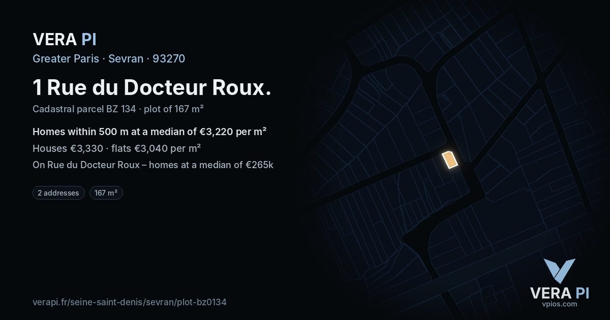 1 Rue du Docteur Roux, Sevran at night – the plot lit, the parcels around coloured by the prices near them
