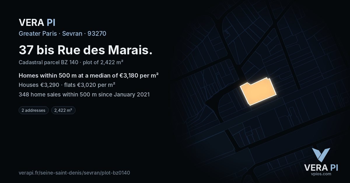 37 bis Rue des Marais, Sevran at night – the plot lit, the parcels around coloured by the prices near them