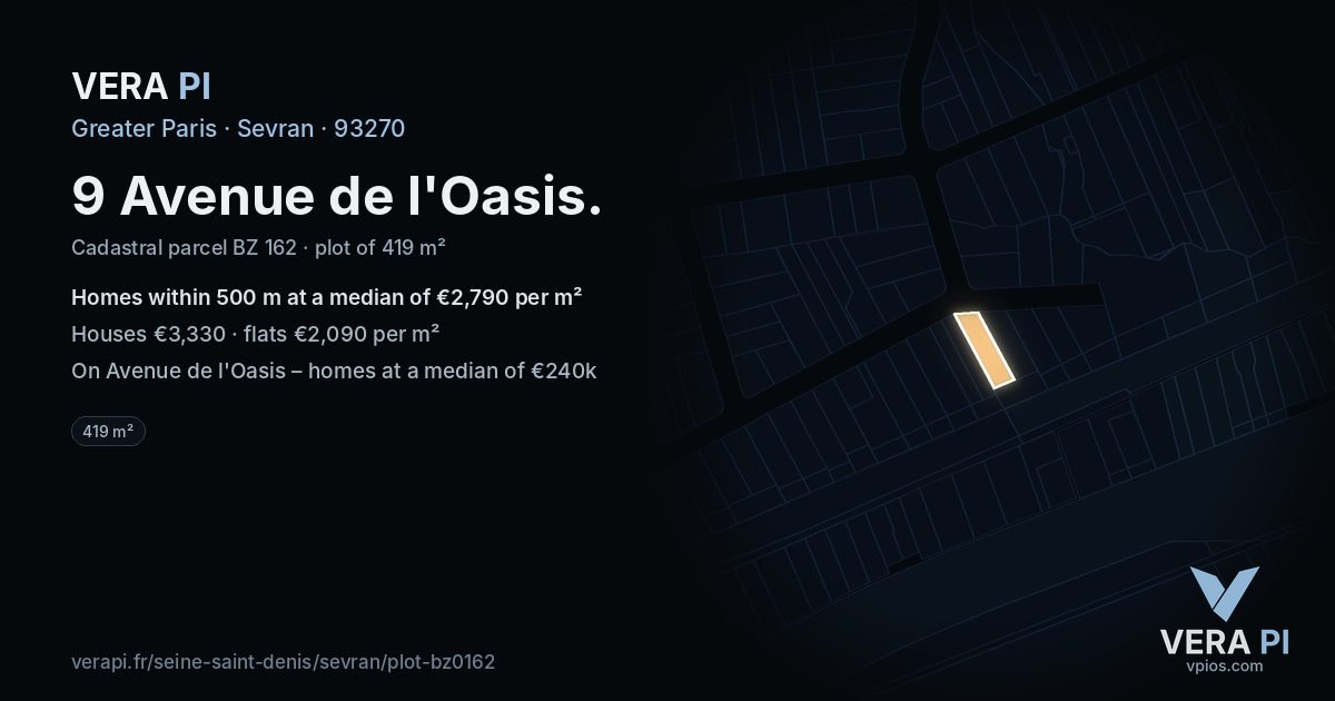 9 Avenue de l'Oasis, Sevran at night – the plot lit, the parcels around coloured by the prices near them