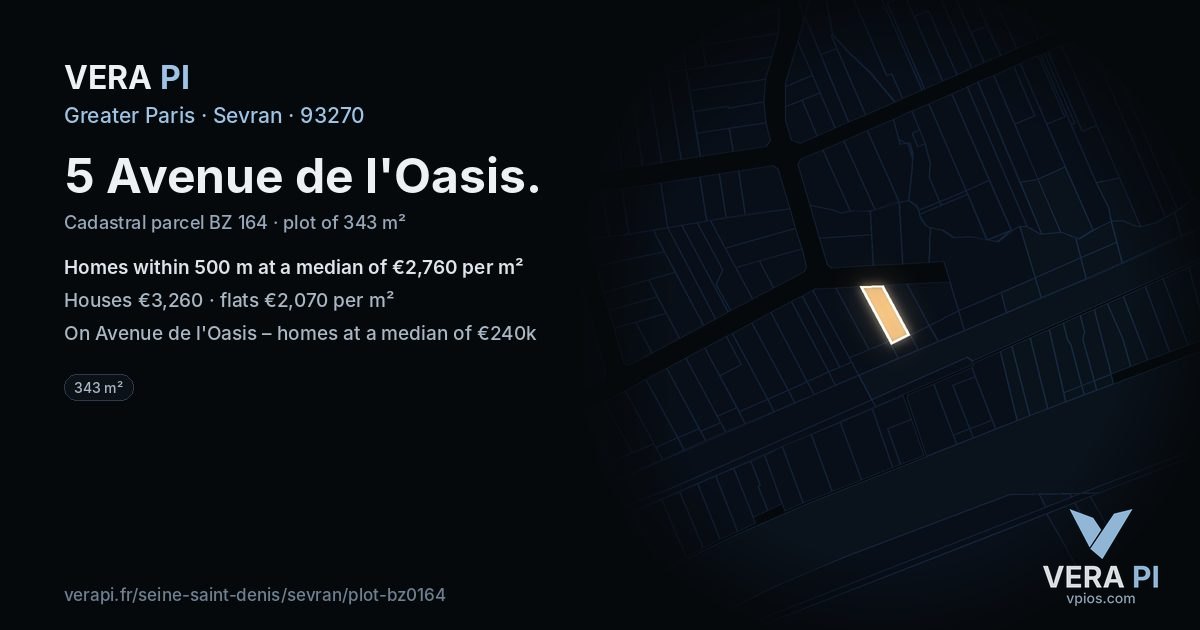 5 Avenue de l'Oasis, Sevran at night – the plot lit, the parcels around coloured by the prices near them