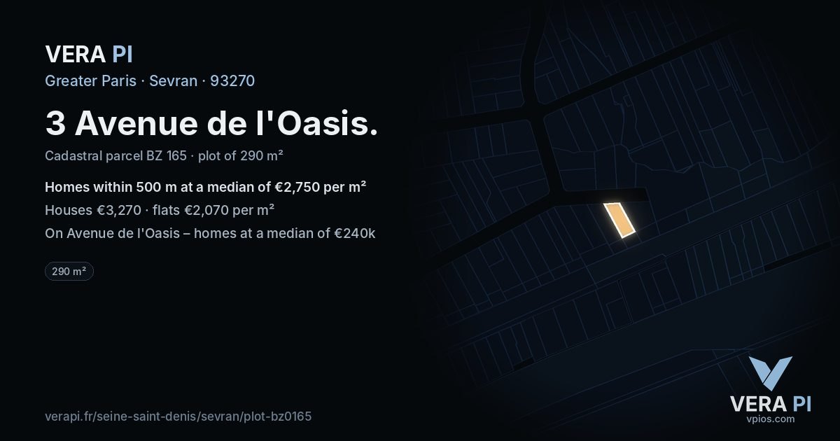3 Avenue de l'Oasis, Sevran at night – the plot lit, the parcels around coloured by the prices near them