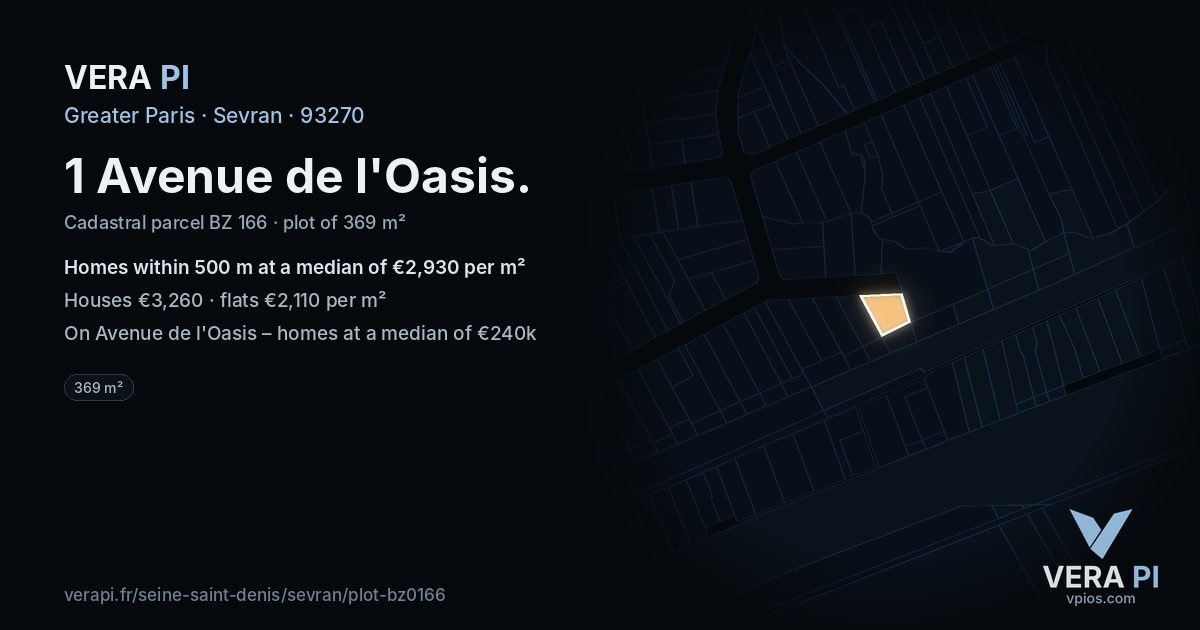 1 Avenue de l'Oasis, Sevran at night – the plot lit, the parcels around coloured by the prices near them