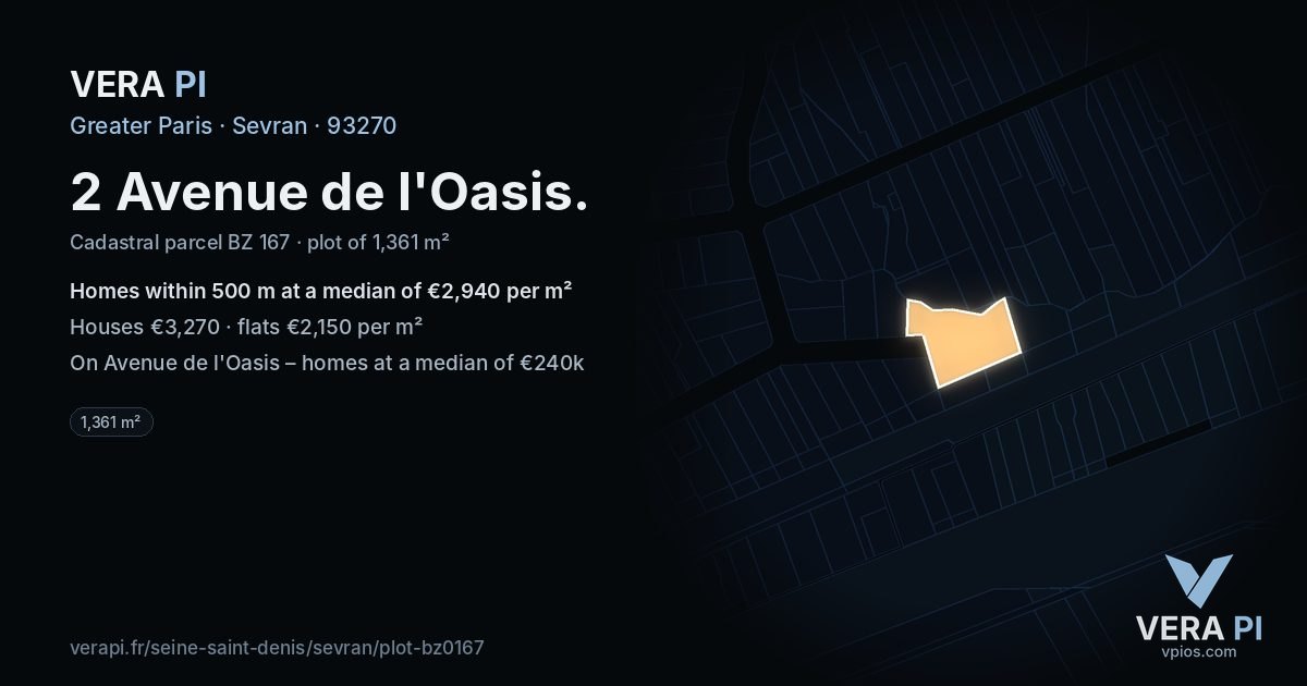 2 Avenue de l'Oasis, Sevran at night – the plot lit, the parcels around coloured by the prices near them