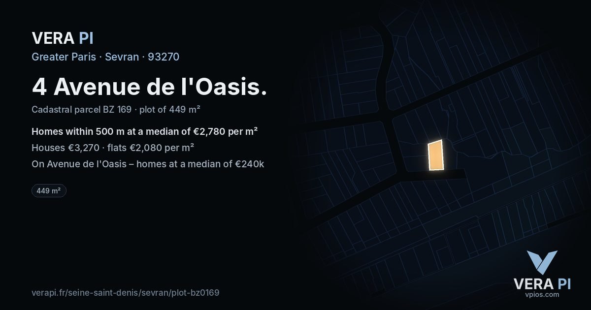 4 Avenue de l'Oasis, Sevran at night – the plot lit, the parcels around coloured by the prices near them