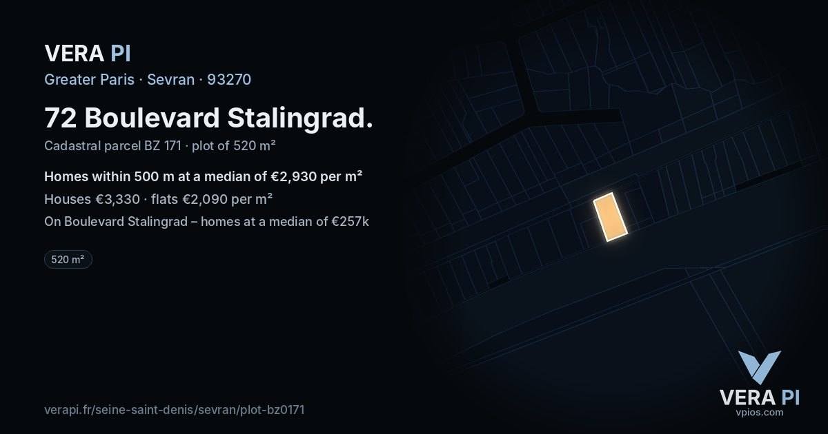 72 Boulevard Stalingrad, Sevran at night – the plot lit, the parcels around coloured by the prices near them