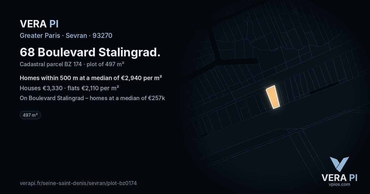 68 Boulevard Stalingrad, Sevran at night – the plot lit, the parcels around coloured by the prices near them