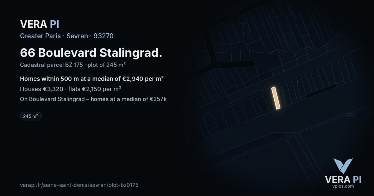 66 Boulevard Stalingrad, Sevran at night – the plot lit, the parcels around coloured by the prices near them