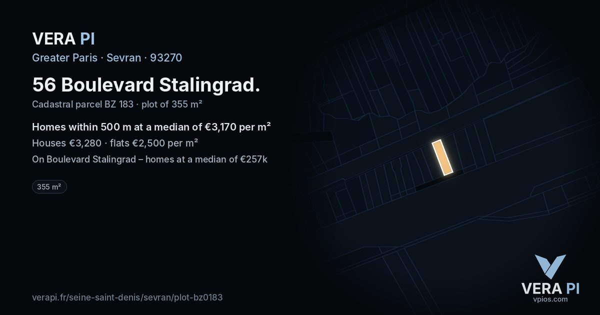 56 Boulevard Stalingrad, Sevran at night – the plot lit, the parcels around coloured by the prices near them