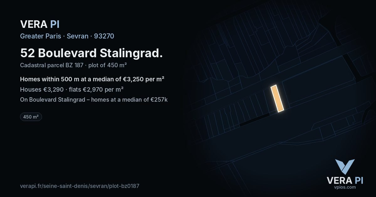 52 Boulevard Stalingrad, Sevran at night – the plot lit, the parcels around coloured by the prices near them