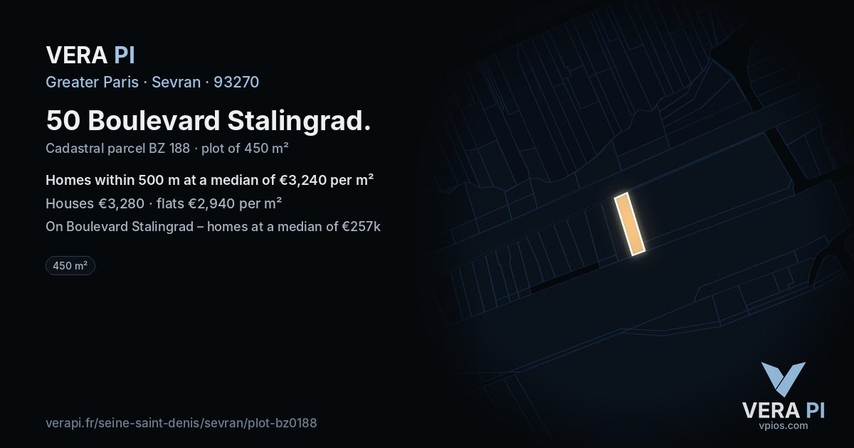 50 Boulevard Stalingrad, Sevran at night – the plot lit, the parcels around coloured by the prices near them