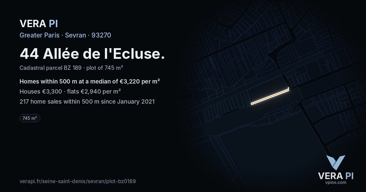 44 Allée de l'Ecluse, Sevran at night – the plot lit, the parcels around coloured by the prices near them