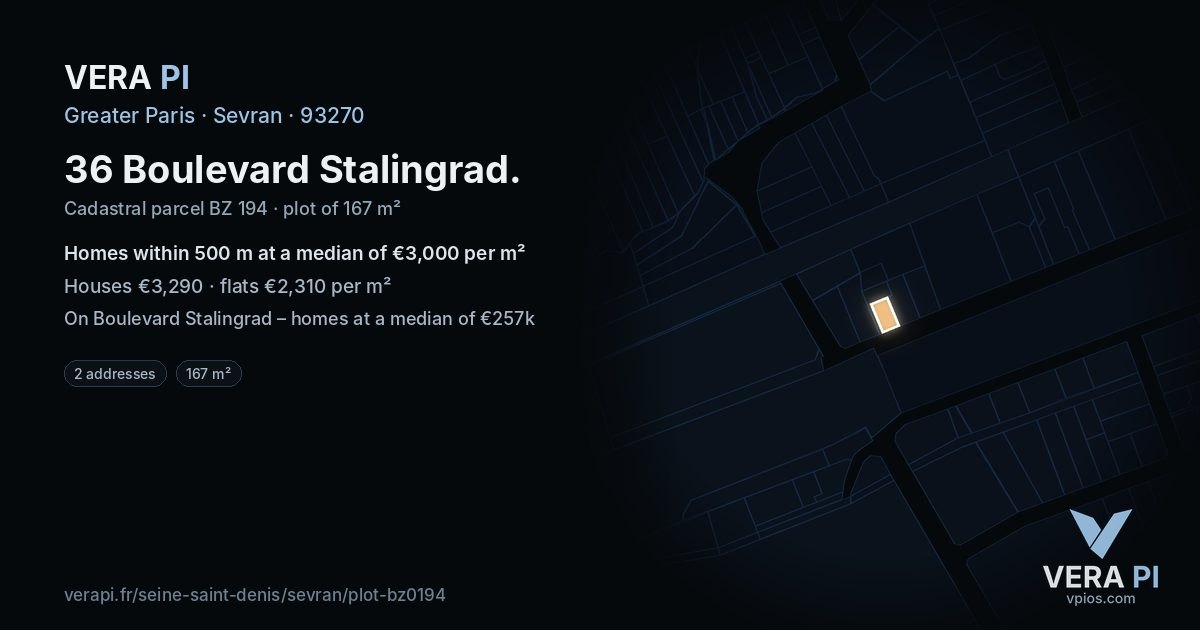 36 Boulevard Stalingrad, Sevran at night – the plot lit, the parcels around coloured by the prices near them
