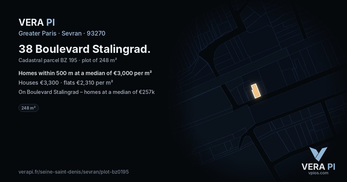 38 Boulevard Stalingrad, Sevran at night – the plot lit, the parcels around coloured by the prices near them