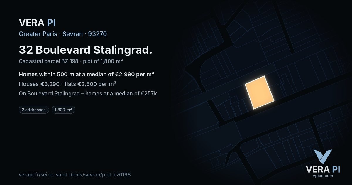 32 Boulevard Stalingrad, Sevran at night – the plot lit, the parcels around coloured by the prices near them
