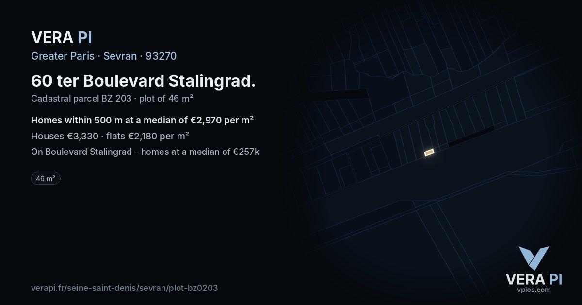 60 ter Boulevard Stalingrad, Sevran at night – the plot lit, the parcels around coloured by the prices near them