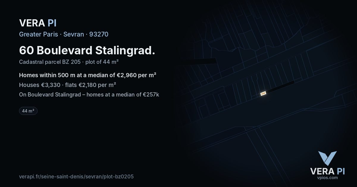 60 Boulevard Stalingrad, Sevran at night – the plot lit, the parcels around coloured by the prices near them