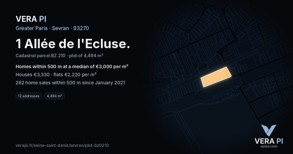 1 Allée de l'Ecluse, Sevran at night – the plot lit, the parcels around coloured by the prices near them