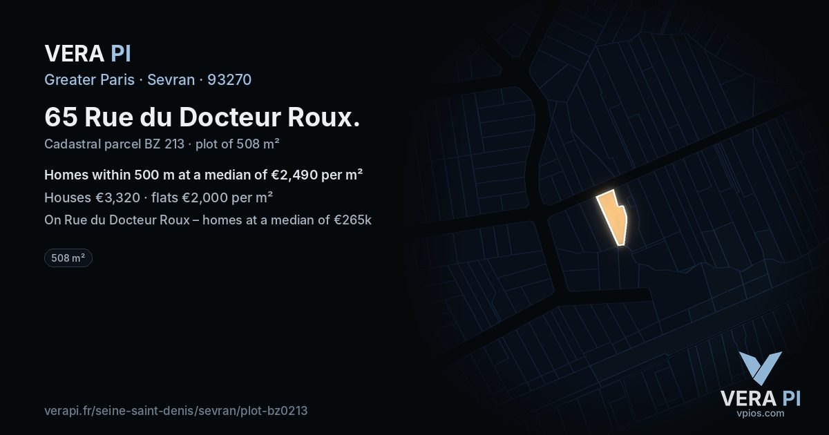 65 Rue du Docteur Roux, Sevran at night – the plot lit, the parcels around coloured by the prices near them
