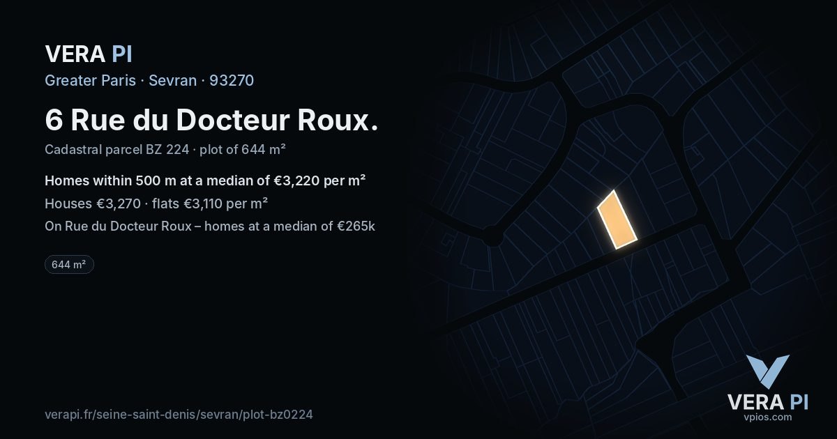 6 Rue du Docteur Roux, Sevran at night – the plot lit, the parcels around coloured by the prices near them