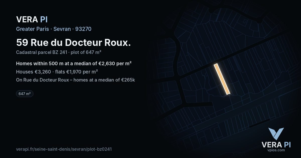 59 Rue du Docteur Roux, Sevran at night – the plot lit, the parcels around coloured by the prices near them