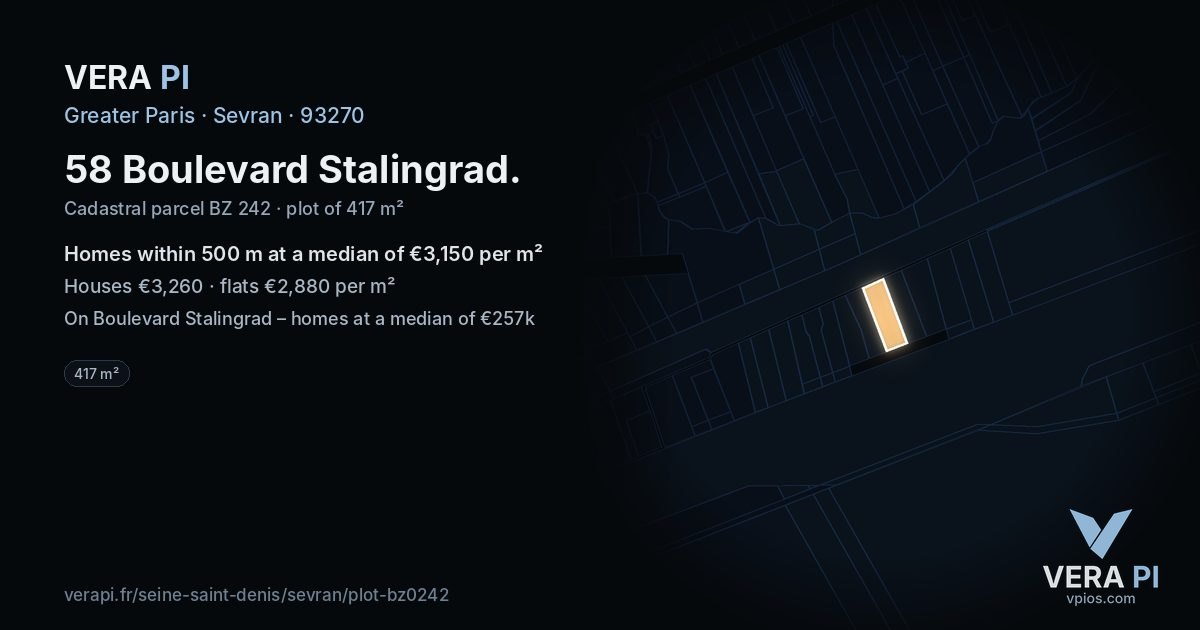 58 Boulevard Stalingrad, Sevran at night – the plot lit, the parcels around coloured by the prices near them
