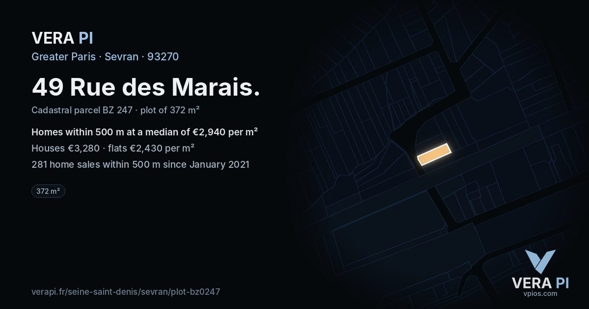 49 Rue des Marais, Sevran at night – the plot lit, the parcels around coloured by the prices near them