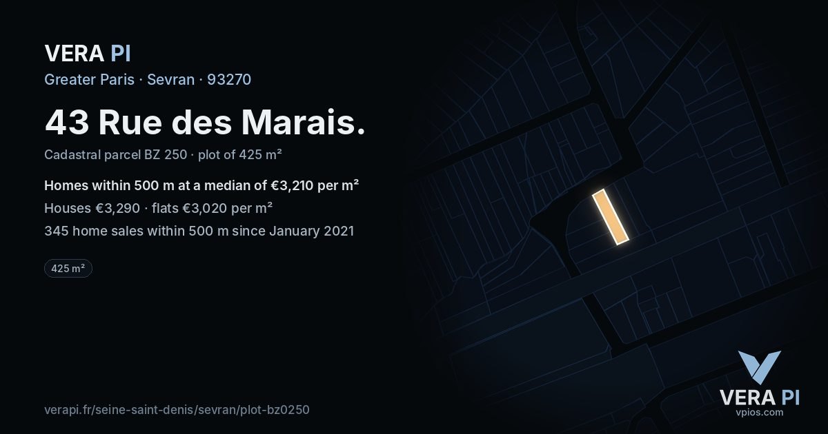 43 Rue des Marais, Sevran at night – the plot lit, the parcels around coloured by the prices near them
