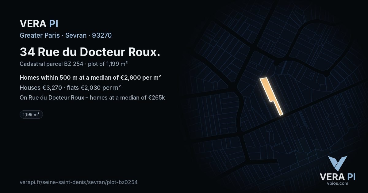 34 Rue du Docteur Roux, Sevran at night – the plot lit, the parcels around coloured by the prices near them