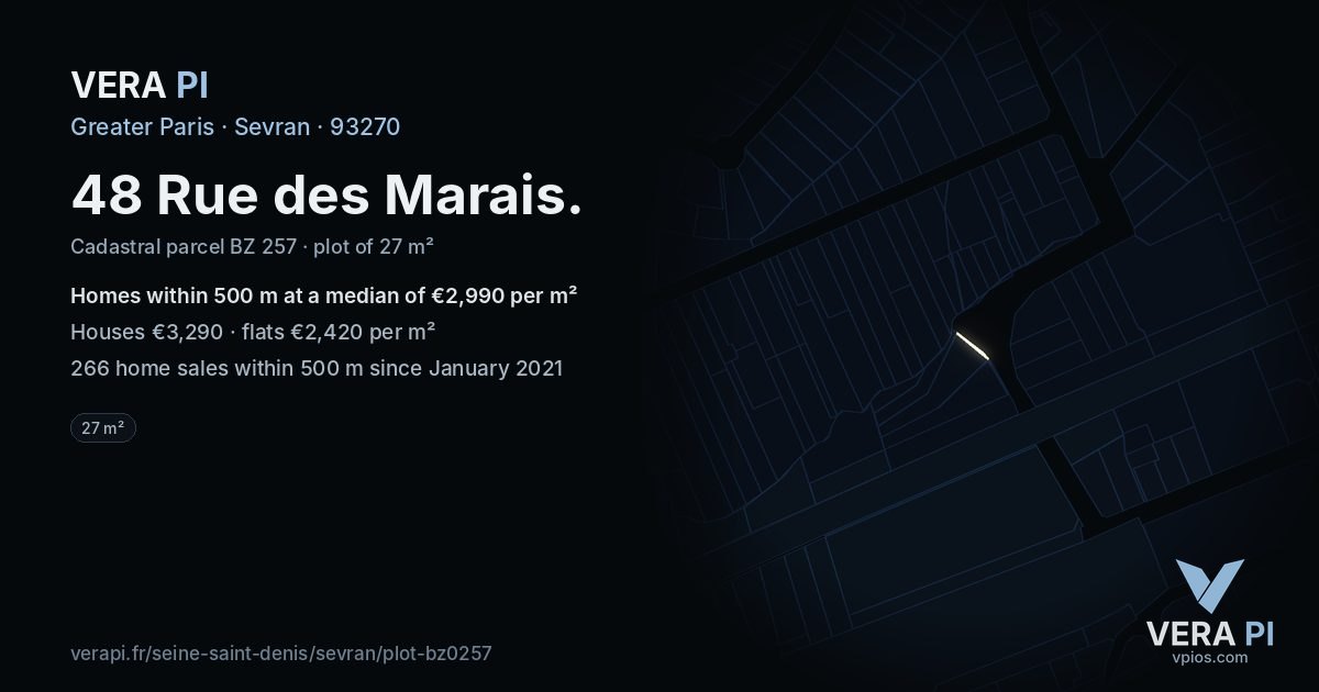 48 Rue des Marais, Sevran at night – the plot lit, the parcels around coloured by the prices near them