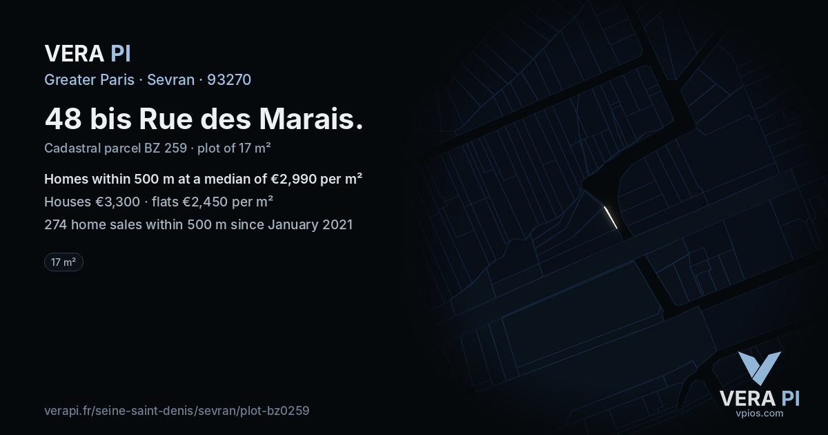 48 bis Rue des Marais, Sevran at night – the plot lit, the parcels around coloured by the prices near them