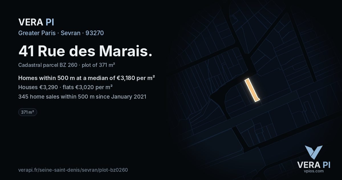 41 Rue des Marais, Sevran at night – the plot lit, the parcels around coloured by the prices near them