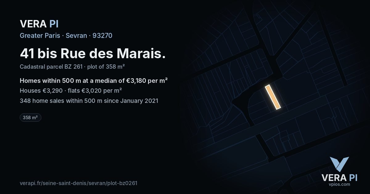41 bis Rue des Marais, Sevran at night – the plot lit, the parcels around coloured by the prices near them