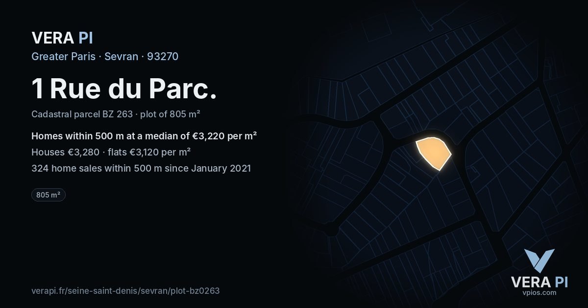 1 Rue du Parc, Sevran at night – the plot lit, the parcels around coloured by the prices near them