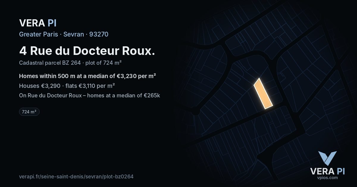4 Rue du Docteur Roux, Sevran at night – the plot lit, the parcels around coloured by the prices near them